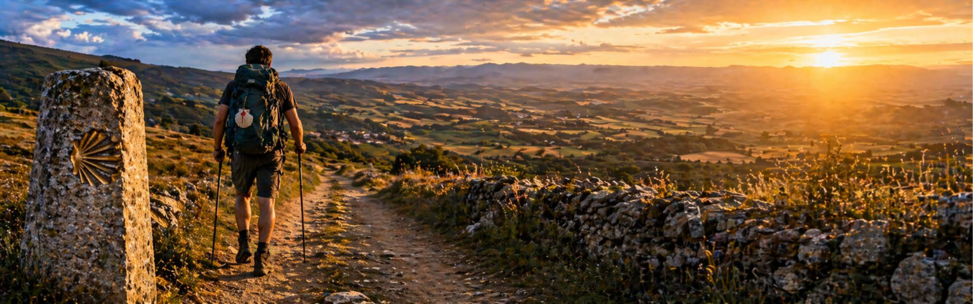 A pilgrim walks the Camino de Santiago at sunset, between stone walls and golden hills, in an atmosphere of peace and personal transformation