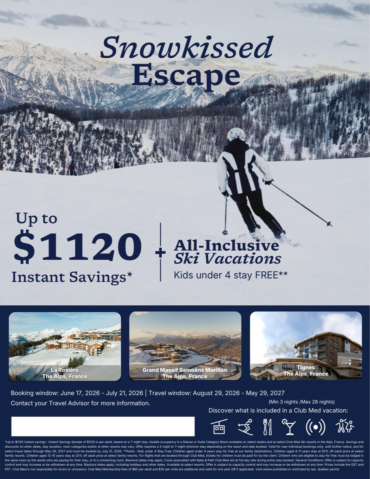 Club Med Vacations Promotion Snowkissed Escape Up to 1120$ Instant Savings off with Voyages Aqua Terra