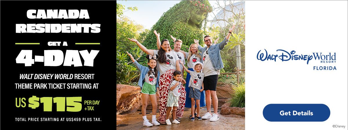 Walt Disney World Resort en Floride Les Résidents du Canada Obtiennent un Billet de 4 jours pour les parcs thématiques Walt Disney World à partir de 115$ USD