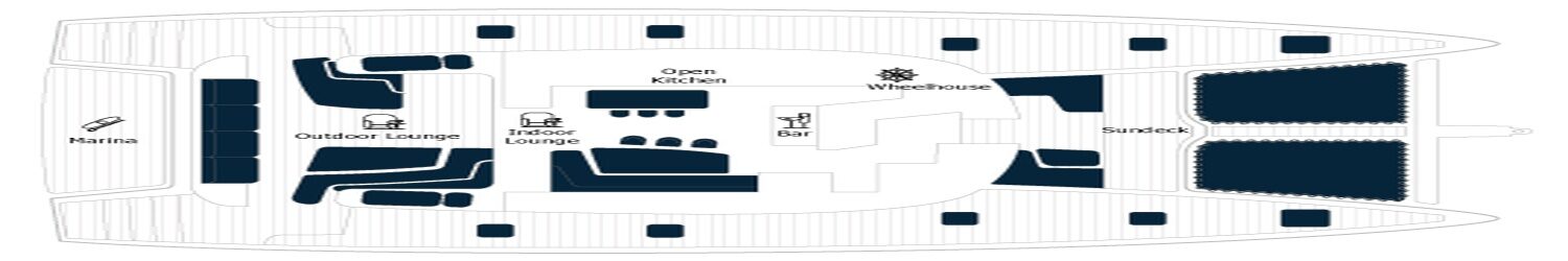 Marina, salon extérieur, salon intérieur, cuisine ouverte, passerelle, bar et pont soleil