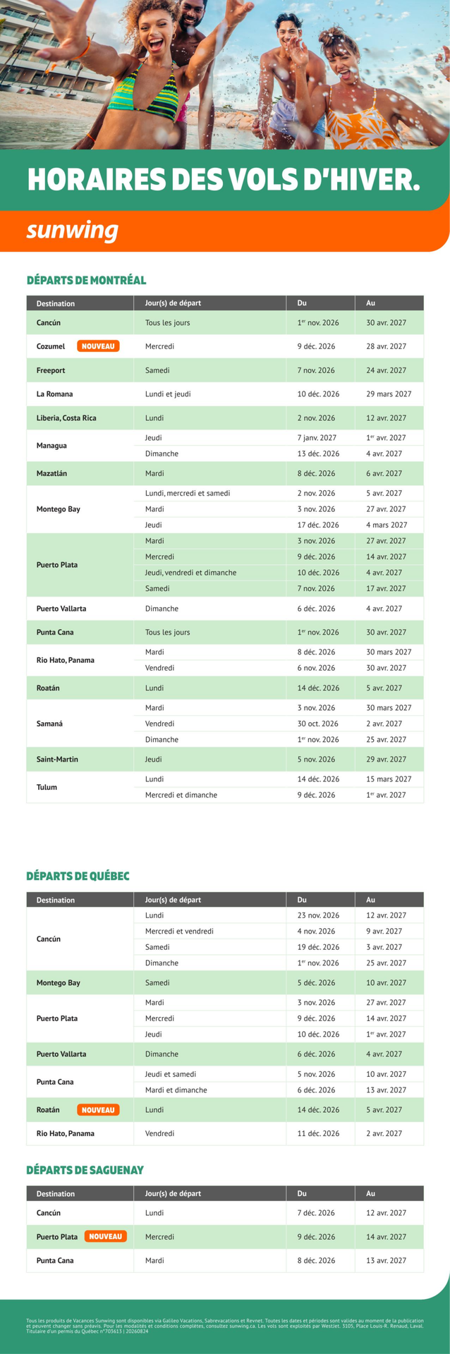 Promotion Horaires des vols d'hiver avec Voyages Aquaterra