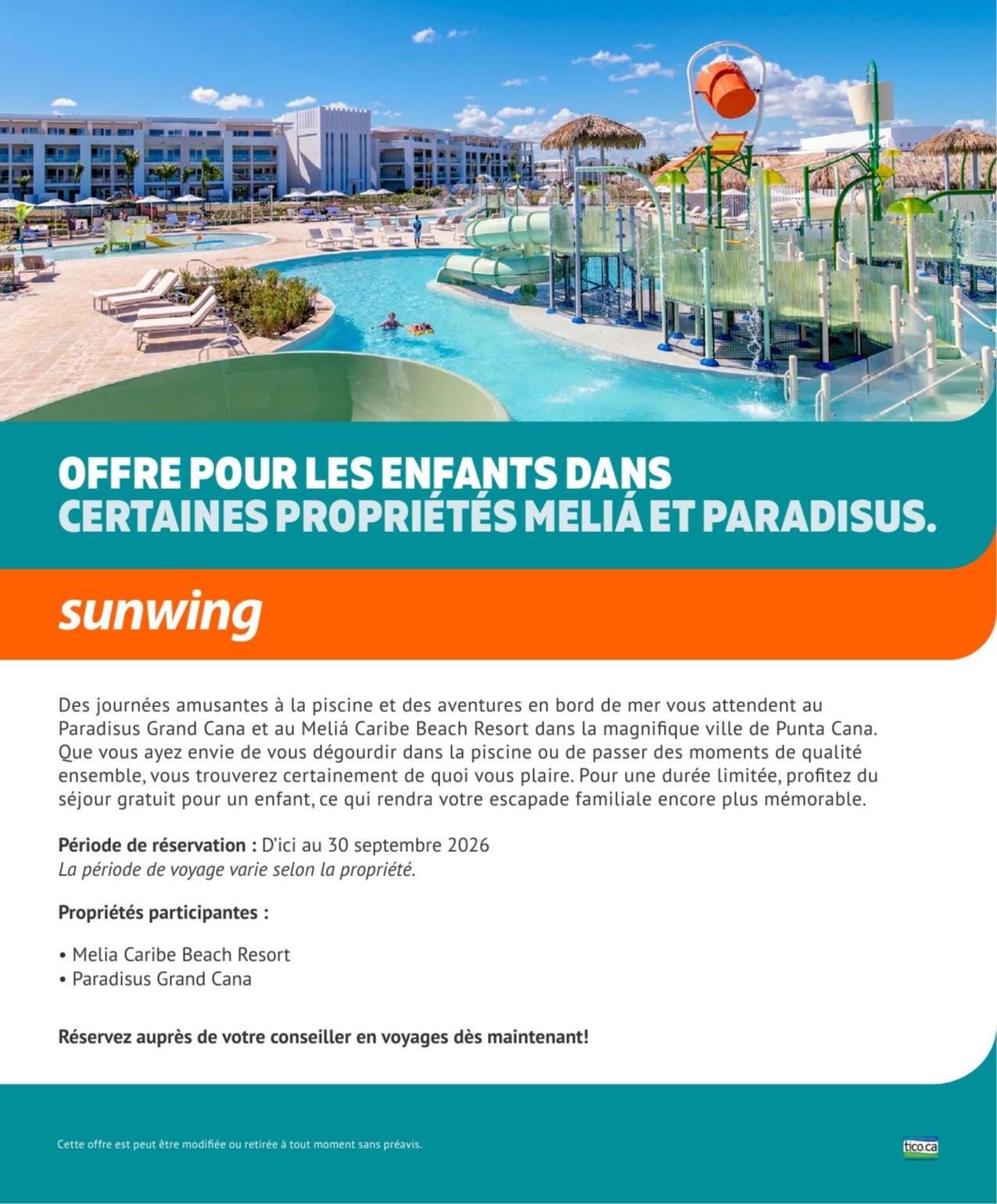 Promotion Sunwing Offres pour les enfants avec Voyages Aquaterra