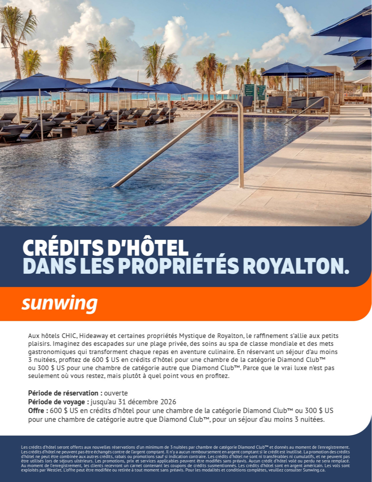 Promotion Vacances Sunwing  Credits d’hôtel dans les propriétés Royalton Resorts avec Voyages Aqua Terra